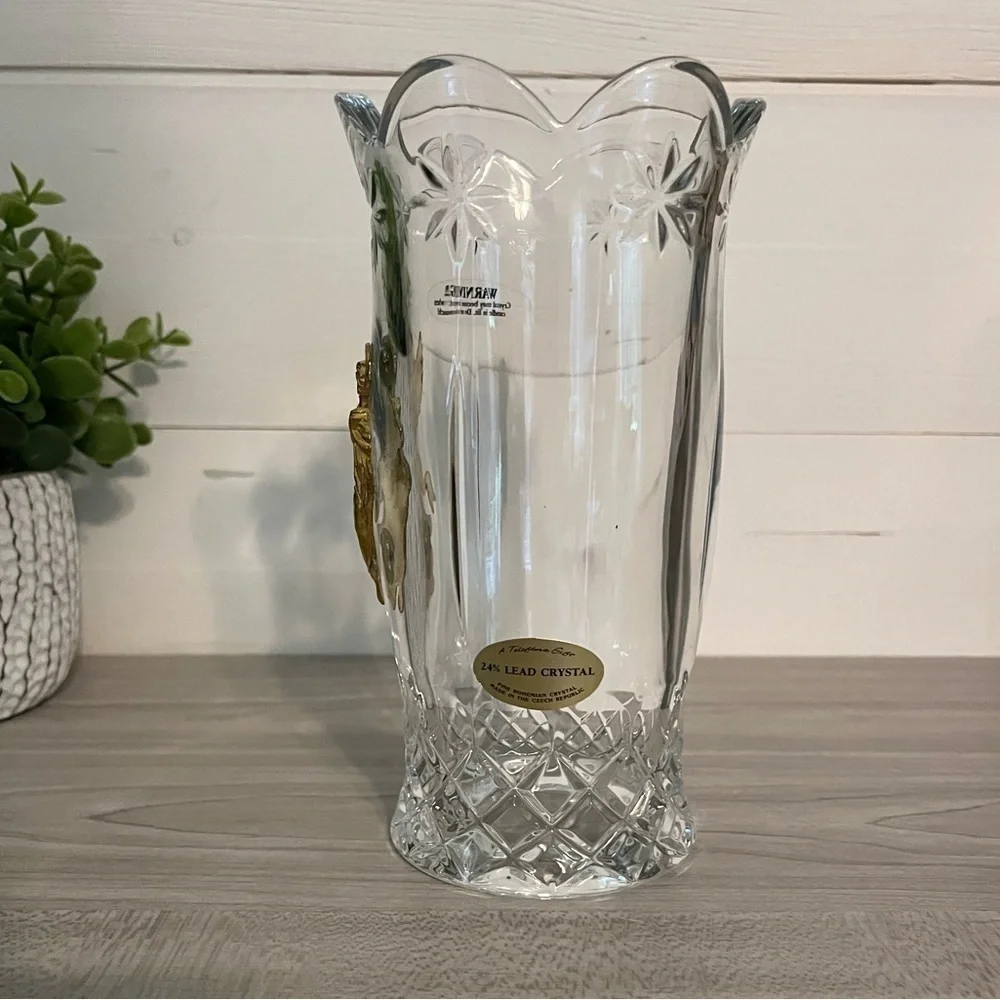 VTG Teleflora Heavy Bohemian Lead Crystal Hurricane Candle Holder Golden Angel